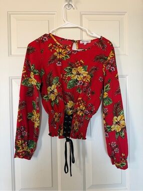 Miley + Molly Red Floral Lace-Up Peplum Long-Sleeve Top - size S